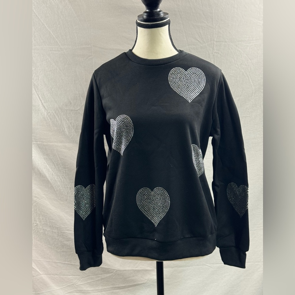 Rhinestone Heart Pattern Crew Neck Sweatshirt Black - Picture 7 of 9